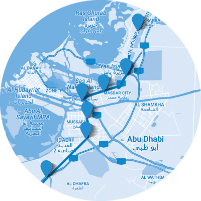 Map of Abu Dhabi, showing landmarks, roads, and neighborhoods